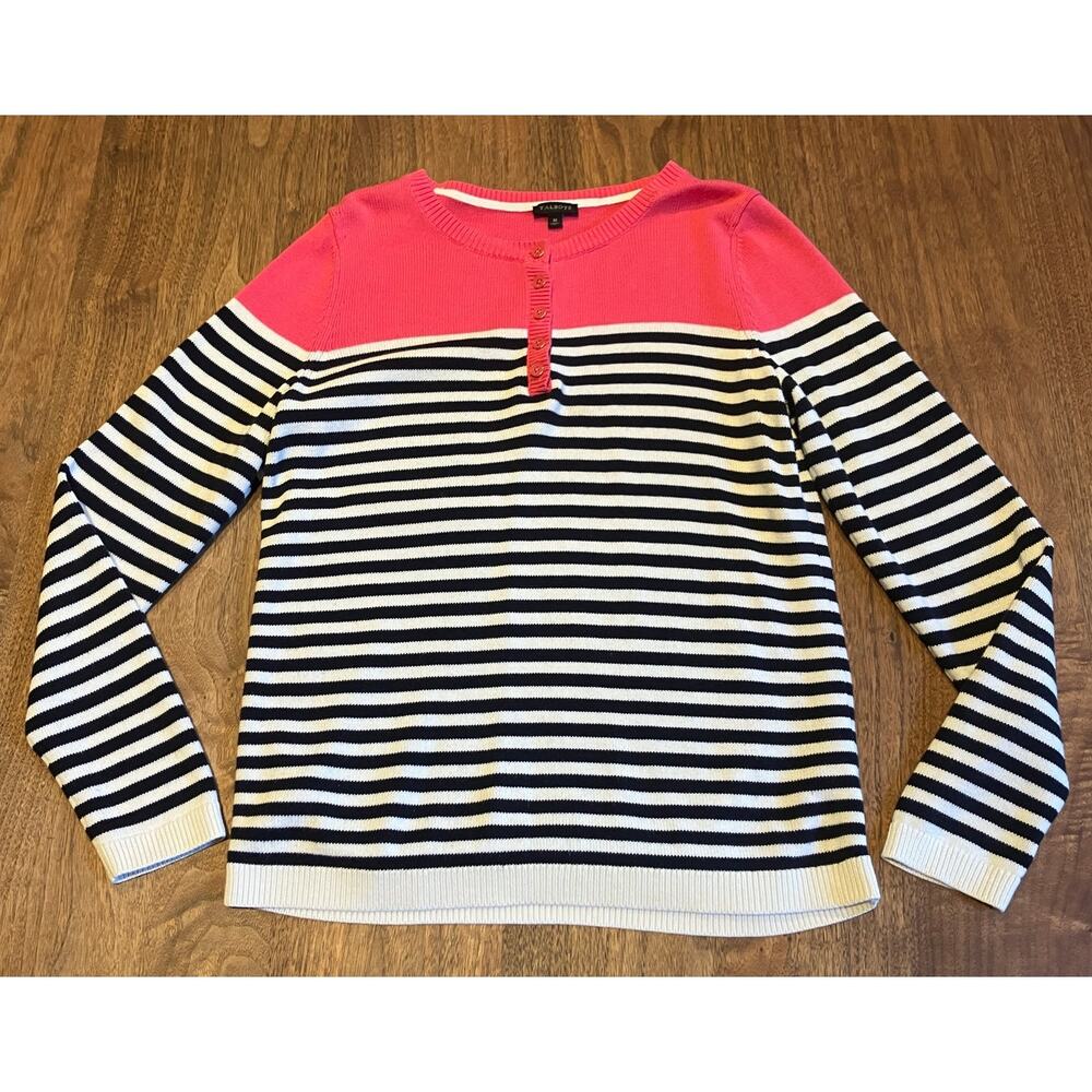 Talbots Women's Medium Striped Sweater Pink Navy White Button Neck Cotton Blend